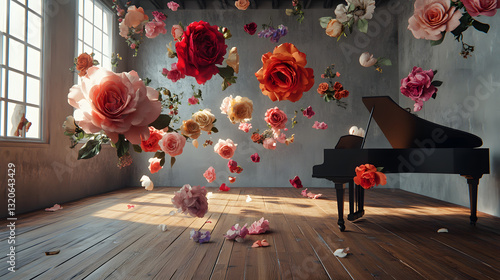 Fototapeta Naklejka Na Ścianę i Meble -  Flowers floating in the air, in an empty room with a piano and a wooden floor. Colorful roses and peonies drifting everywhere. 