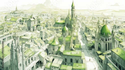 Historic cityscape fantasy realm illustration aerial view dreamlike environment