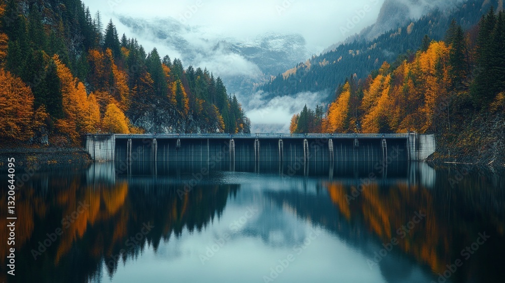 Fototapeta premium A large hydroelectric dam stands proudly as it reflects in the calm waters of a reservoir surrounded by vibrant autumn trees and majestic mountains under a cloudy sky