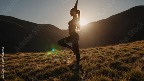 Graceful sunrise yoga in serene mountain landscape capturing peaceful balance
