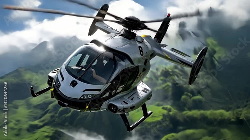 High-Tech Aerial Transportation: A Futuristic Helicopter Flying Over Lush Green Landscapes photo