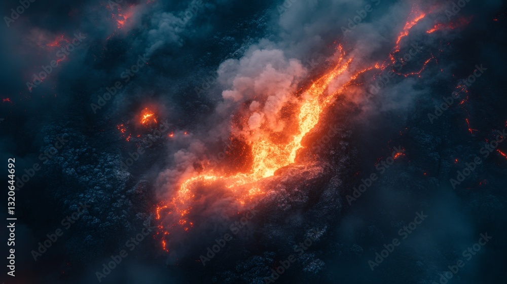A mesmerizing depiction of glowing lava flowing through dark smoke. This image captures the power of nature in its dynamic form. Evoking a sense of awe and beauty. Generative AI A mesmerizing depiction of glowing lava flowing through dark smoke. This image captures the power of nature in its dynamic form. Evoking a sense of awe and beauty. Generative AI