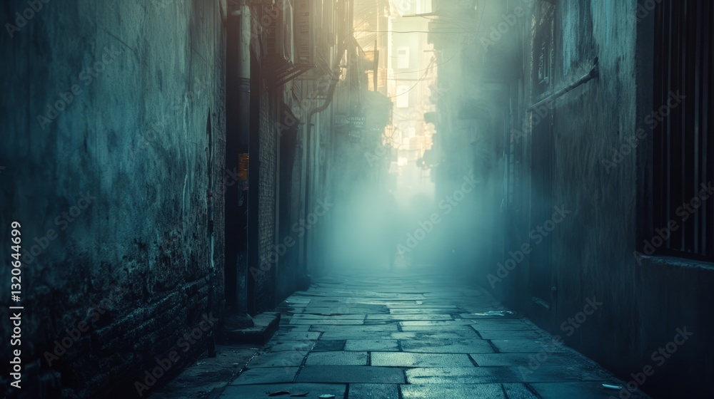 A fog-filled alley in a city, with the faint sound of footsteps echoing in the distance A fog-filled alley in a city, with the faint sound of footsteps echoing in the distance