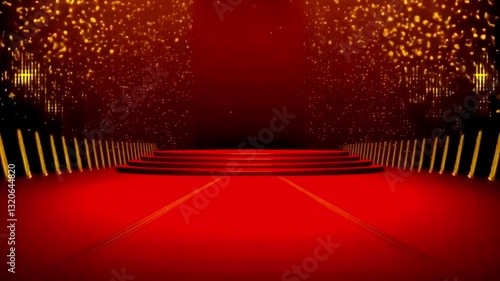 4K looping animation of a luxurious red carpet elegantly flowing toward a grand podium, bathed in shimmering golden light and sparkling particles. Perfect for award ceremonies, VIP events