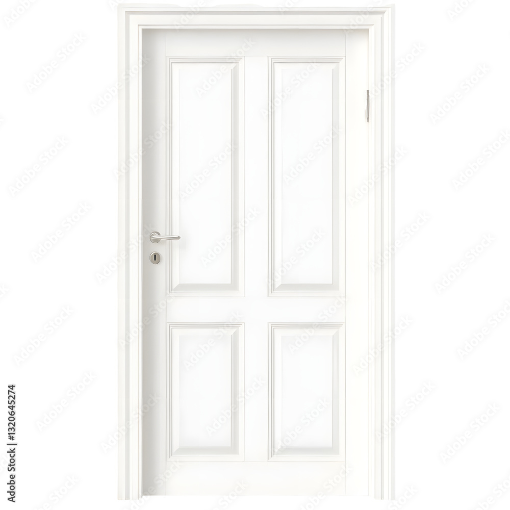 Sophisticated and minimalist white door with smooth finish slightly recessed panels and a stylish silver handle perfectly positioned on a transparent background Sophisticated and minimalist white door with smooth finish slightly recessed panels and a stylish silver handle perfectly positioned on a transparent background