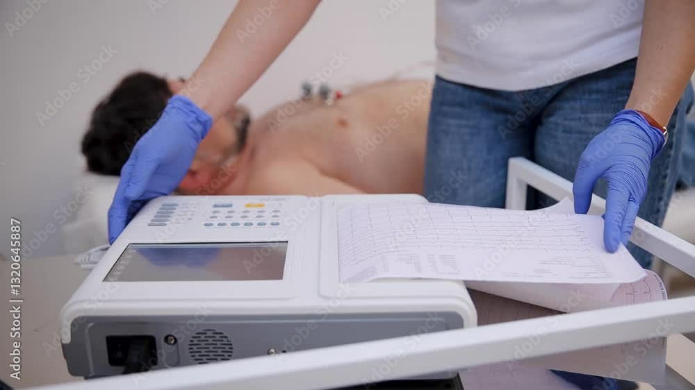 A healthcare professional conducting a cardiology test on a patient using an electrocardiogram device, monitoring heart activity for diagnosis and health assessment in a clinical setting A healthcare professional conducting a cardiology test on a patient using an electrocardiogram device, monitoring heart activity for diagnosis and health assessment in a clinical setting