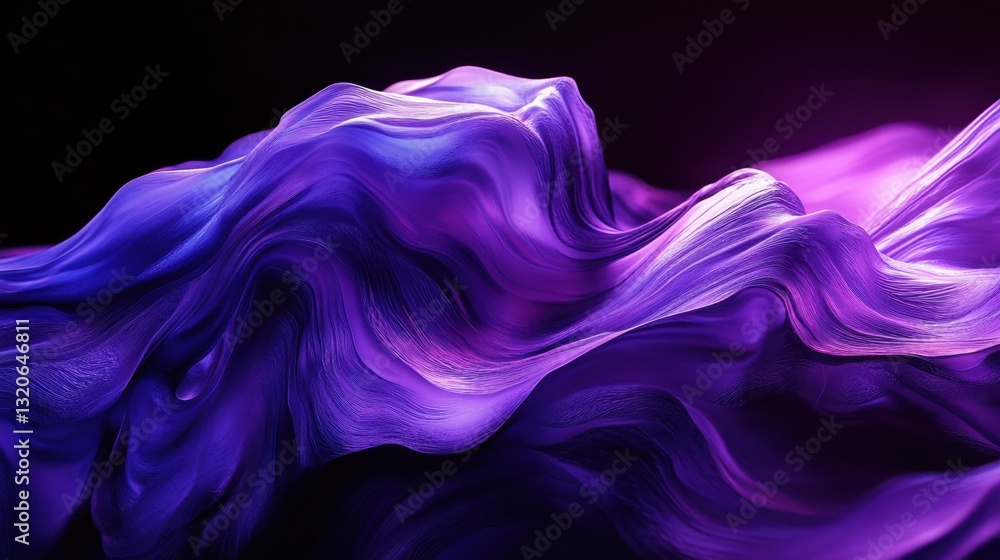 Abstract flowing, silky fabric with wave shape and purple hue. The fabric looks smooth, elegant and dynamic. 