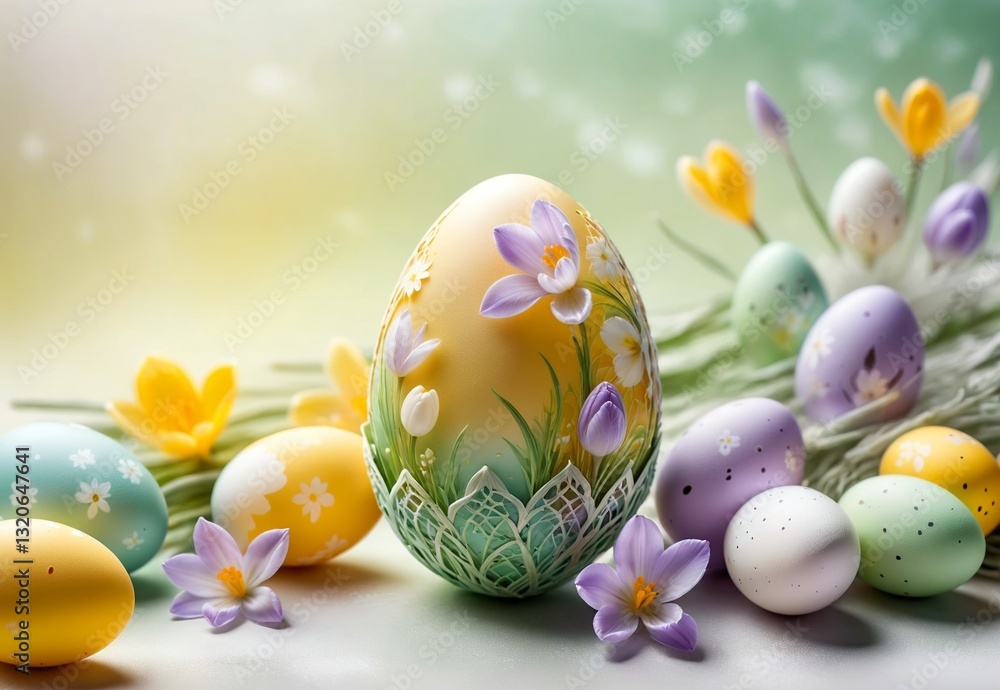 Fototapeta premium Bright crocus buds and transparent Easter egg on a pastel background