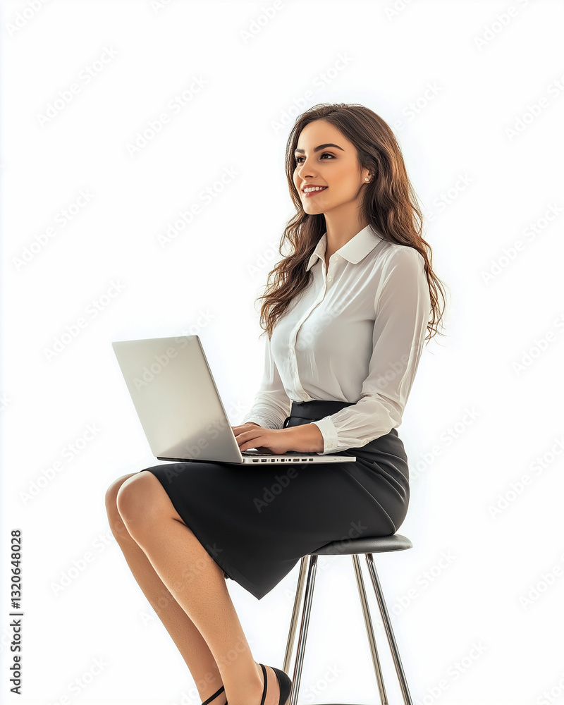 A charismatic American businesswoman dressed in an elegant white blouse and black skirt, sitting on a stool, laptop on lap, smiling thoughtfully, isolated on a white background A charismatic American businesswoman dressed in an elegant white blouse and black skirt, sitting on a stool, laptop on lap, smiling thoughtfully, isolated on a white background