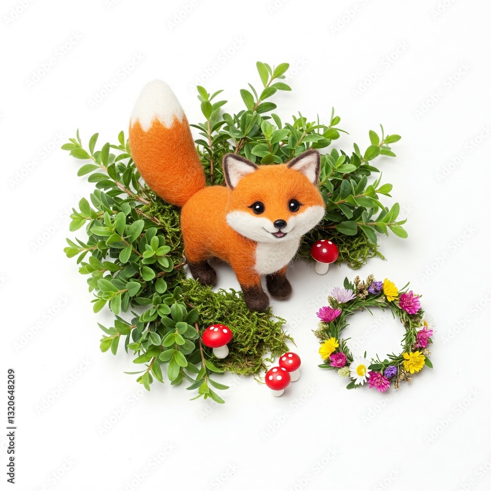 Fototapeta premium cute orange and white fox with green leaves flowers and mushrooms on white background