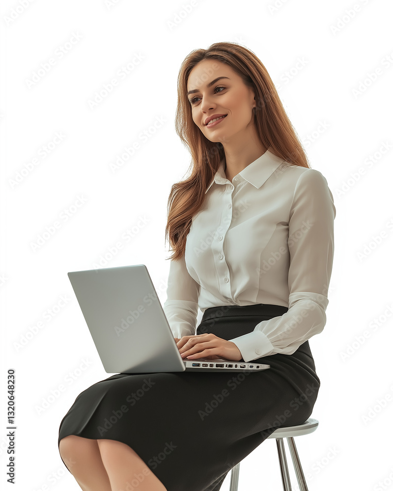 A charismatic American businesswoman dressed in an elegant white blouse and black skirt, sitting on a stool, laptop on lap, smiling thoughtfully, isolated on a white background A charismatic American businesswoman dressed in an elegant white blouse and black skirt, sitting on a stool, laptop on lap, smiling thoughtfully, isolated on a white background