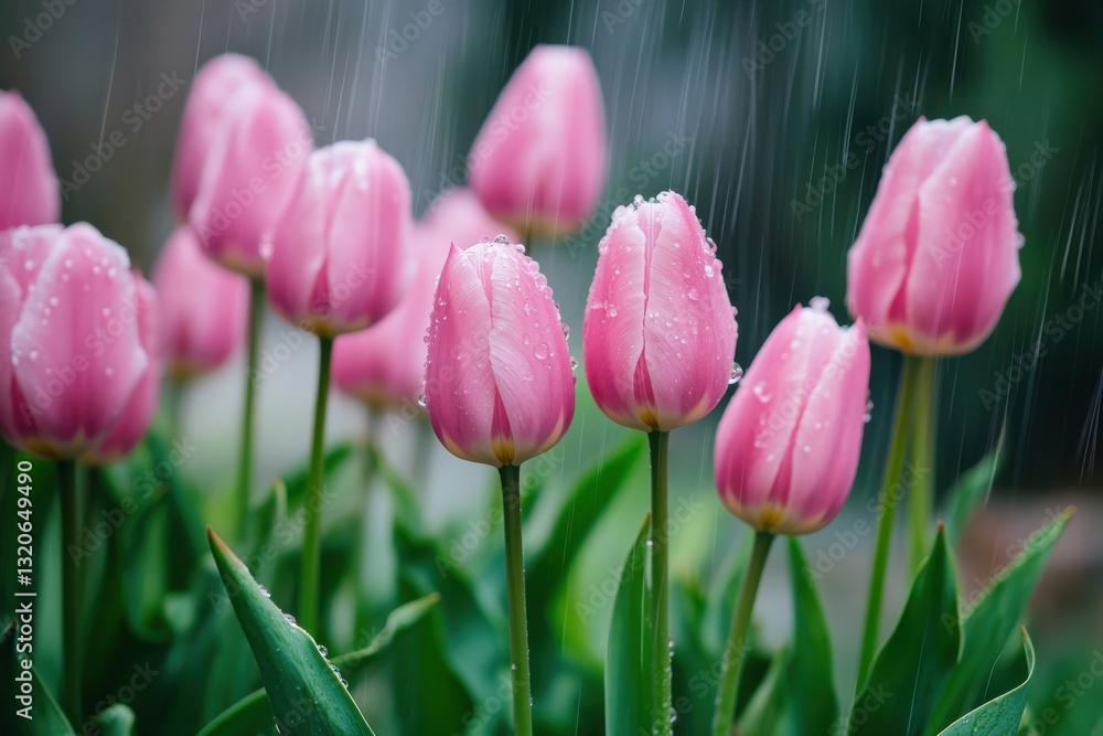 Fototapeta premium Pink tulips emerging gracefully through soft spring rain in a serene garden environment
