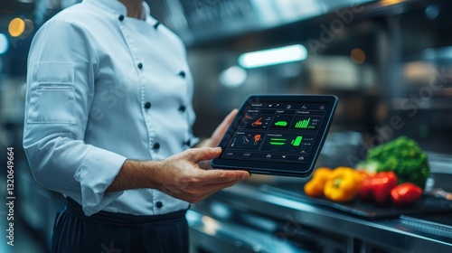 A chef in a modern kitchen holds a tablet displaying cooking data, surrounded by fresh vegetables.