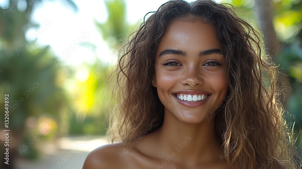 Enjoying a sunny moment in a vibrant park, a cheerful young woman with long hair laughs showing perfect white teeth.