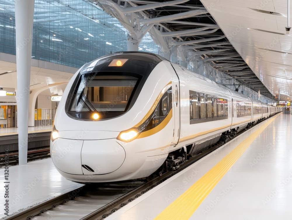 Fototapeta premium Modern white high speed train waiting at a futuristic station with large glass windows and digital display technology for efficient urban commuting