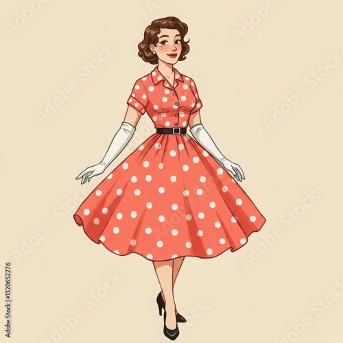 Caucasian woman in vintage polka dot dress with gloves and heels
