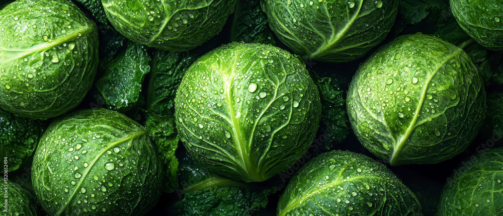 Fototapeta premium Captivating water drops on fresh cabbage nestled against a dark seamless background in stunning macro detail