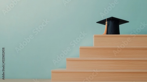 Graduation Cap on a Set of Wooden Stairs Against a Soft Blue Background for Educational Themes