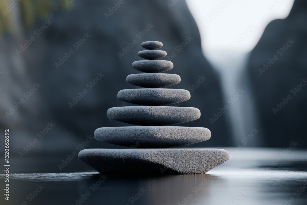 Obraz premium Zen balanced stone stack with blurred water and mountain background symbolizing relaxation mindfulness harmony and meditation serenity
