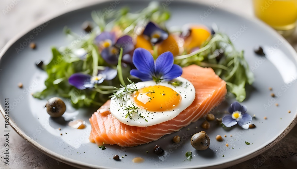 Smoked salmon and jammy soft-boiled free range egg and capers salad with edible borage and pansy flowers. Smoked salmon and jammy soft-boiled free range egg and capers salad with edible borage and pansy flowers.