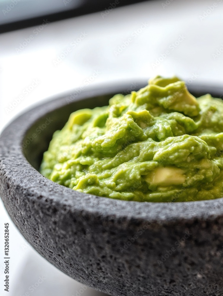 Close-up of a bowl of guacamole. the bowl is made of dark grey stone and has a textured surface. the guacameole is a vibrant green color and appears to be freshly made. Close-up of a bowl of guacamole. the bowl is made of dark grey stone and has a textured surface. the guacameole is a vibrant green color and appears to be freshly made.