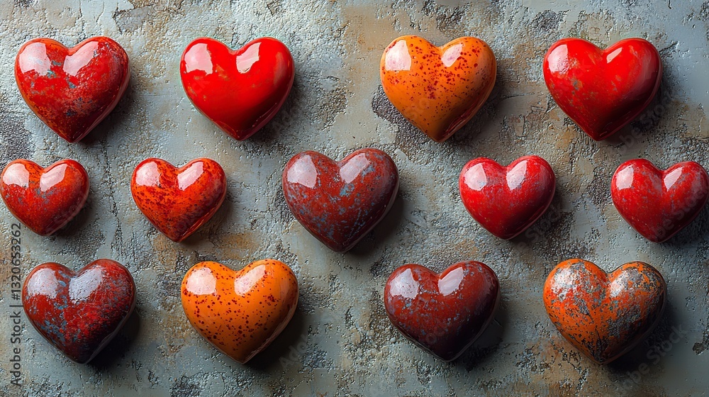 Fototapeta premium Fifteen small red hearts arranged in a grid on a textured white background create a romantic Valentine's or Mother's Day setting.