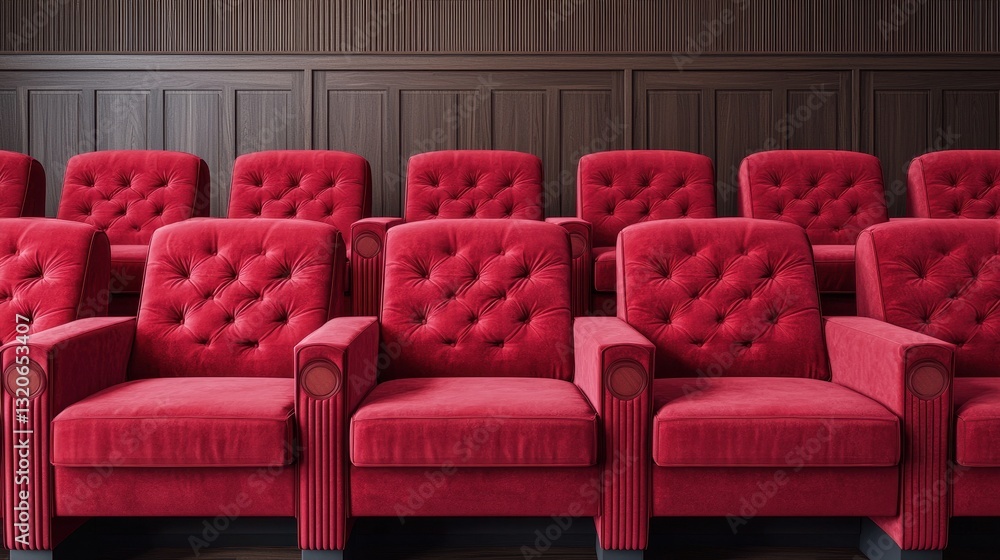 Fototapeta premium Plush Red Velvet Theater Chairs in Rows Against Wooden Panel Wall Interior Design of a Cinema Hall