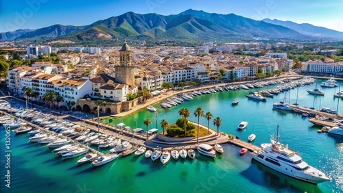 Aerial View of Puerto Banus Marina, Marbella, Spain, Moorish Tower