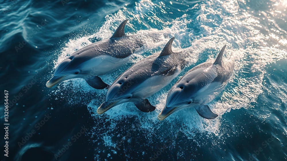 Obraz premium Five dolphins swimming together create a beautiful aerial scene of marine wildlife in turquoise water.