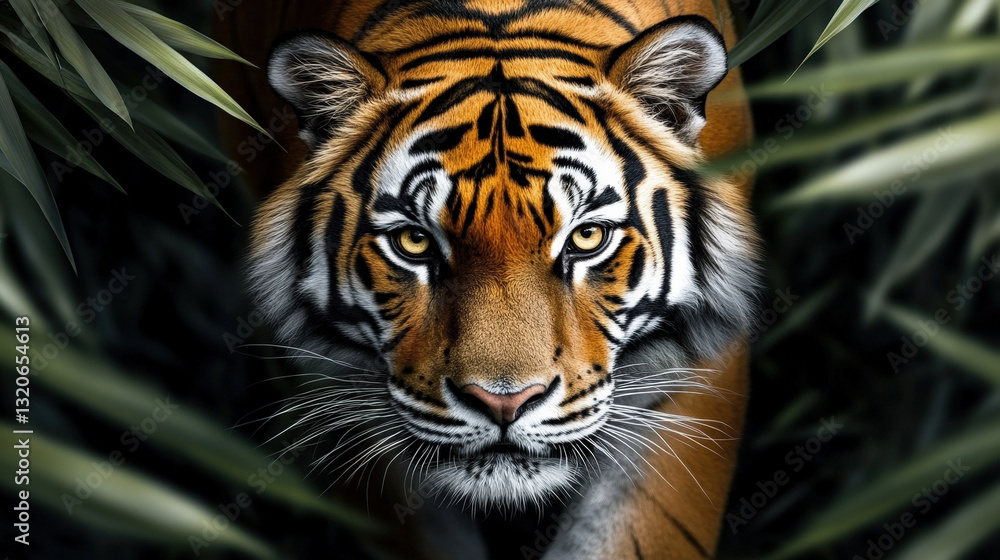 A majestic tiger moving through dense jungle leaves with piercing golden eyes and sharp focus
A majestic tiger moving through dense jungle leaves with piercing golden eyes and sharp focus
