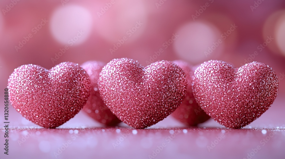 Fototapeta premium Five pink hearts, arranged in a row on a pink background, simply and effectively represent love, affection, and Valentine's Day.