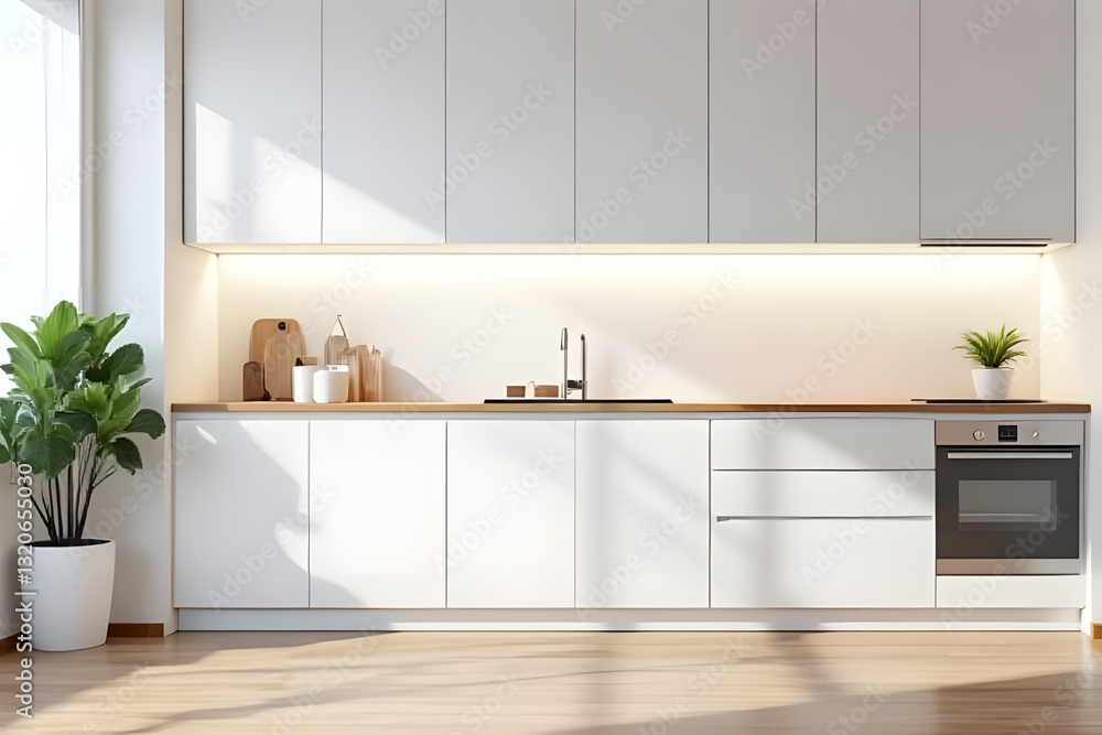 Fototapeta premium Minimalistic kitchen design contemporary home interior photography bright environment modern viewpoint innovative concept