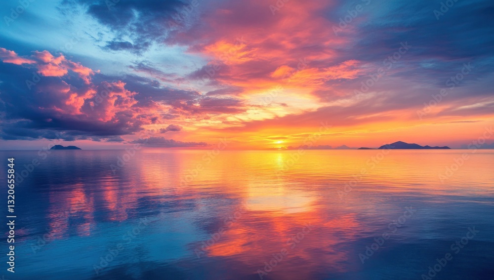 Colorful sunset over calm ocean reflecting islands
