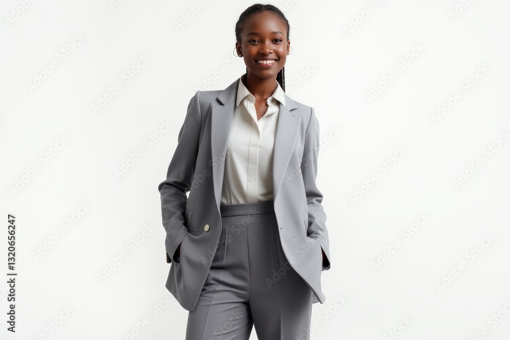 Half-Length (Waist-Up) portrait of young stylish smiling Guinea-Bissauan female model in business wear isolated on pure white background looking at camera Half-Length (Waist-Up) portrait of young stylish smiling Guinea-Bissauan female model in business wear isolated on pure white background looking at camera