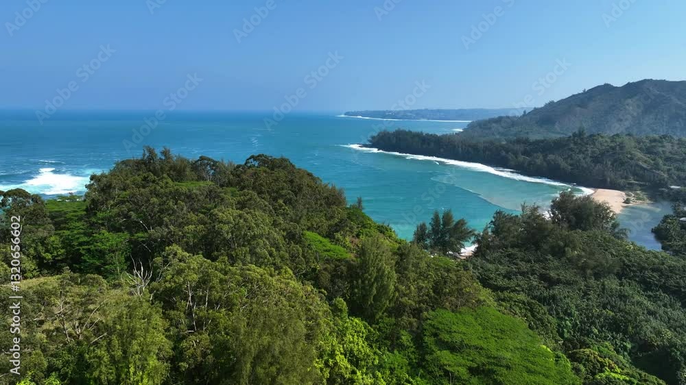 Aerial view approaching the Northshore beach, sunny day in Kauai, Hawaii, USA Aerial view approaching the Northshore beach, sunny day in Kauai, Hawaii, USA