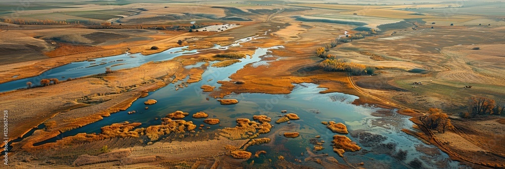 Aerial view of a serene river landscape with winding waterways and lush vegetation on a bright, sunny day. Perfect for nature and travel themes. Aerial view of a serene river landscape with winding waterways and lush vegetation on a bright, sunny day. Perfect for nature and travel themes.