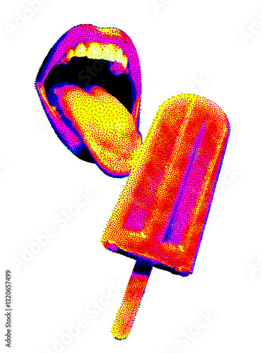 Mouth with tongue licking an ice pop. Halftone pop art style. AI images were used as inputs. Summer concept.