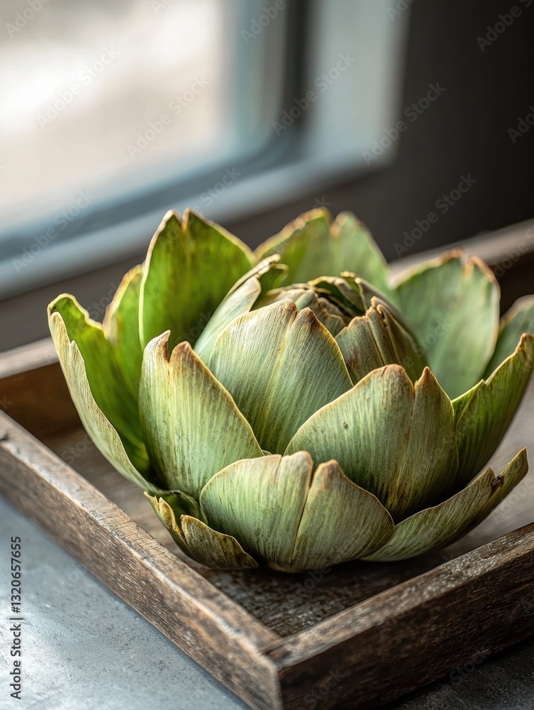 Obraz premium Close-up of an artichoke in a wooden tray. the tray is placed on a window sill, and the background is blurred, but it appears to be a kitchen countertop with a window.