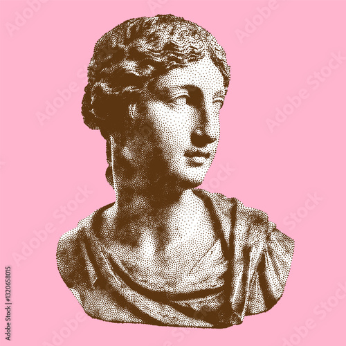 Roman statue with halftone stipple effect. Head bust of a woman. An AI image was used as the input.