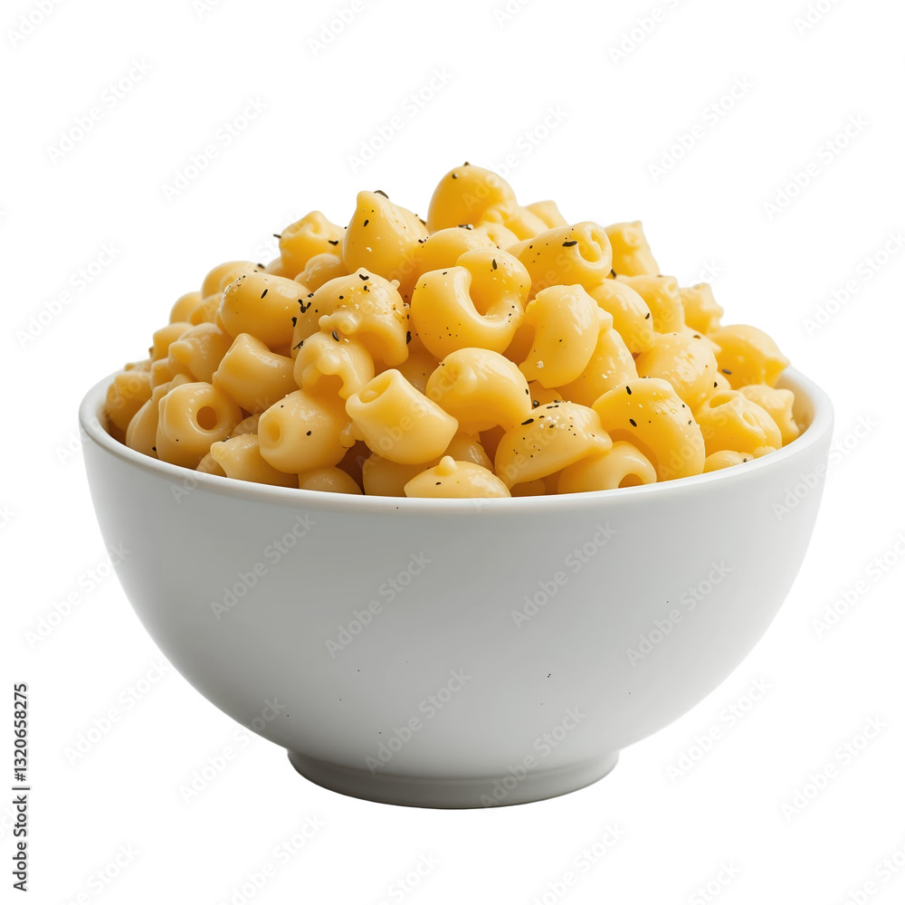 Creamy macaroni and cheese in white bowl, topped with black pepper Creamy macaroni and cheese in white bowl, topped with black pepper