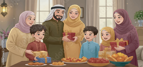 Cute 3D Cartoon Muslim Family Celebrating Eid with Festive Decorations