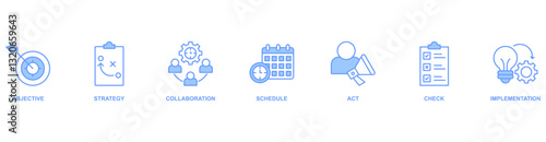 Action plan banner web icon vector illustration concept with icon of objective, strategy, collaboration, schedule, act, launch, check, and implementation