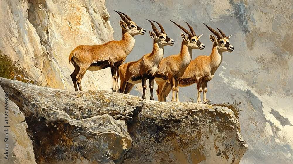Majestic Alpine Ibex Herd Standing Guard on a Rocky Mountain Peak Oil Painting Majestic Alpine Ibex Herd Standing Guard on a Rocky Mountain Peak Oil Painting