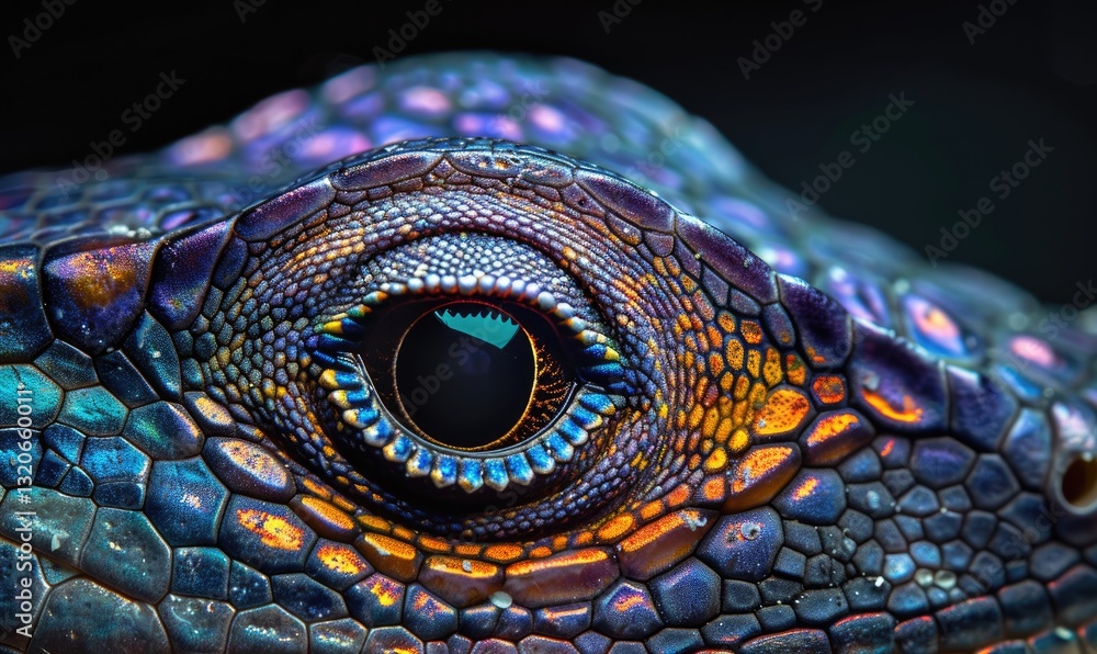 Fototapeta premium Close-up of a colorful reptile eye showcasing intricate patterns and textures in vibrant hues against a dark background.