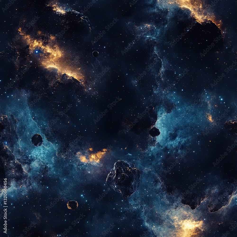 Fototapeta premium Celestial Nebula Seamless Pattern Glimmering Asteroid Belts Design for Fabrics Papers and Websites