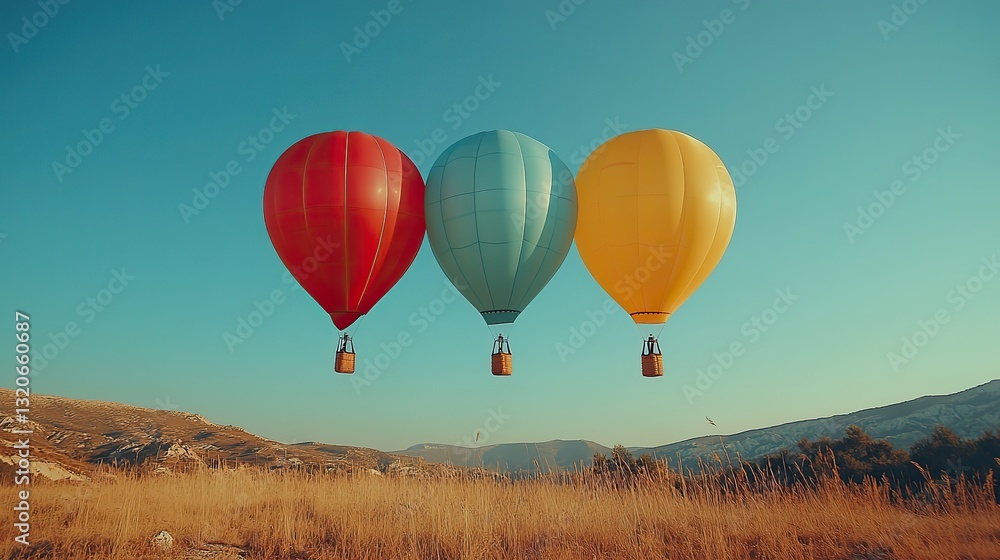 Obraz premium Four colorful balloons red, yellow, light blue float gently against a clear blue sky, creating a vibrant scene.