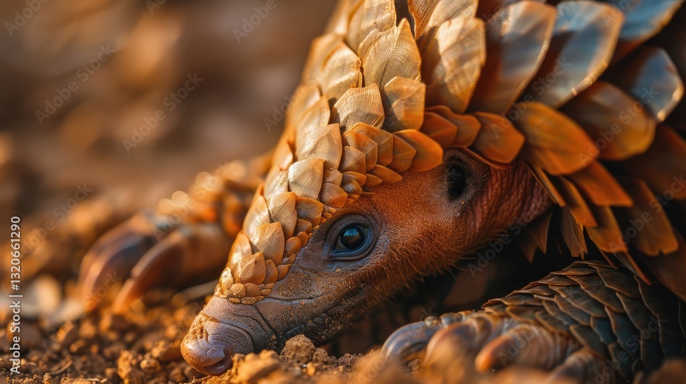 Close-up of a pangolin with textured scales, lying on the ground in a warm natural setting. Capturing wildlife in its natural habitat. Close-up of a pangolin with textured scales, lying on the ground in a warm natural setting. Capturing wildlife in its natural habitat.