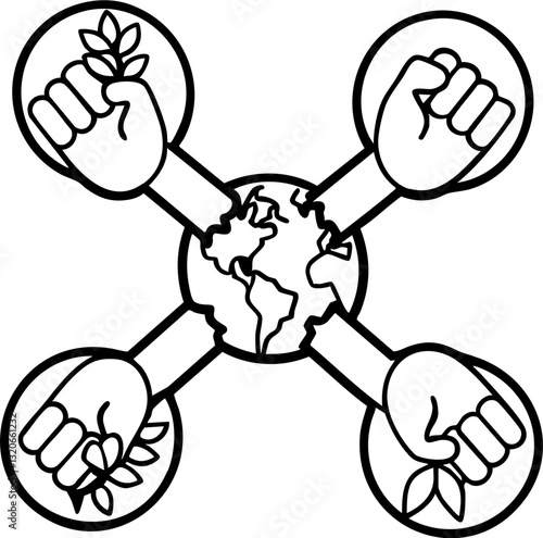 Hands holding leaves surrounding a globe, symbolizing environmental activism and unity.
