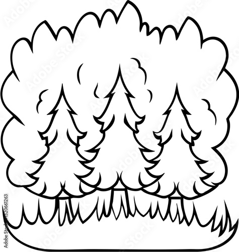 Illustration of a cluster of trees with a stylized design and grass at the base.