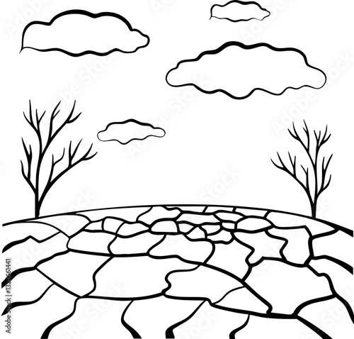 Desolate landscape with cracked ground and barren trees under a cloudy sky.